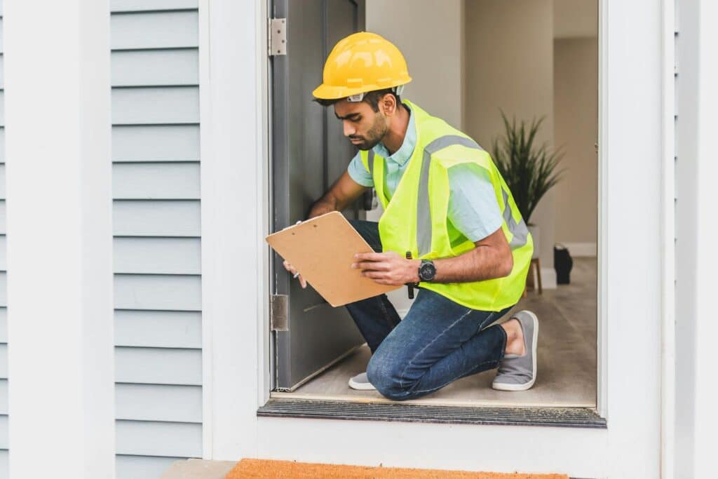 A home inspector wearing safety gear examines a house interior for safety compliance.